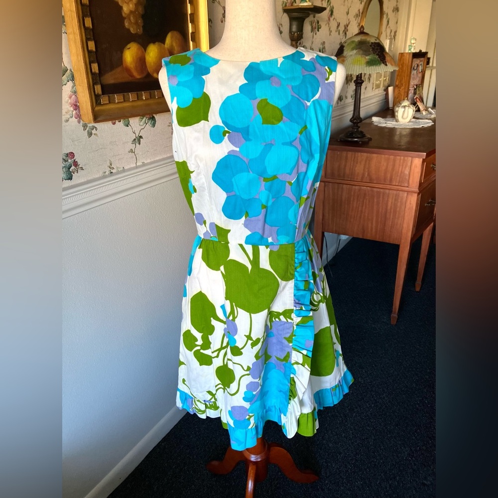 Vintage 60s 70s Malia Honolulu Hawaiian Blue White Floral Fit & Flare Dress